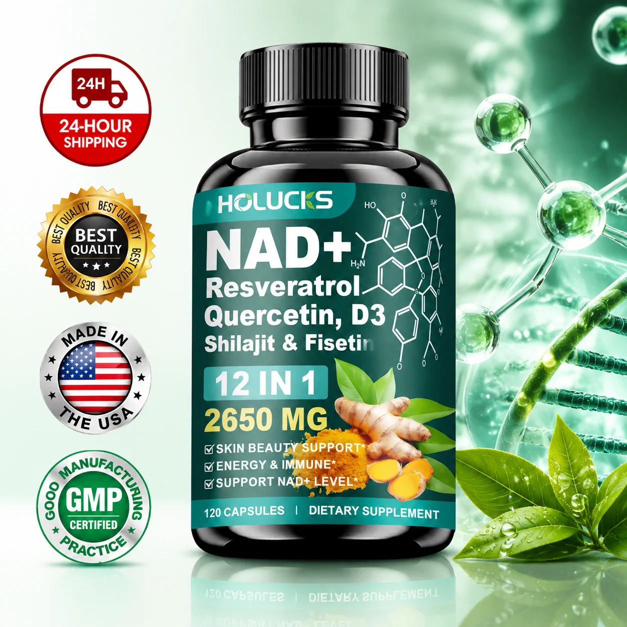 Health Wellness Vitality - อาหารเสริม NAD+ ความเข้มข้นสูง พร้อมด้วยเควอซิตินและฟิเซติน ช่วยเสริมสร้างพลังชีวิตในแต่ละวัน สุขภาพผิวและเล็บ